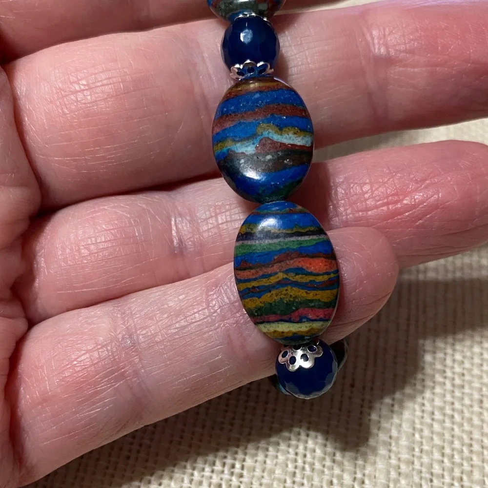Natural genuine Rainbow Calsillica gemstone artisan Beaded 7.5” Bracelet